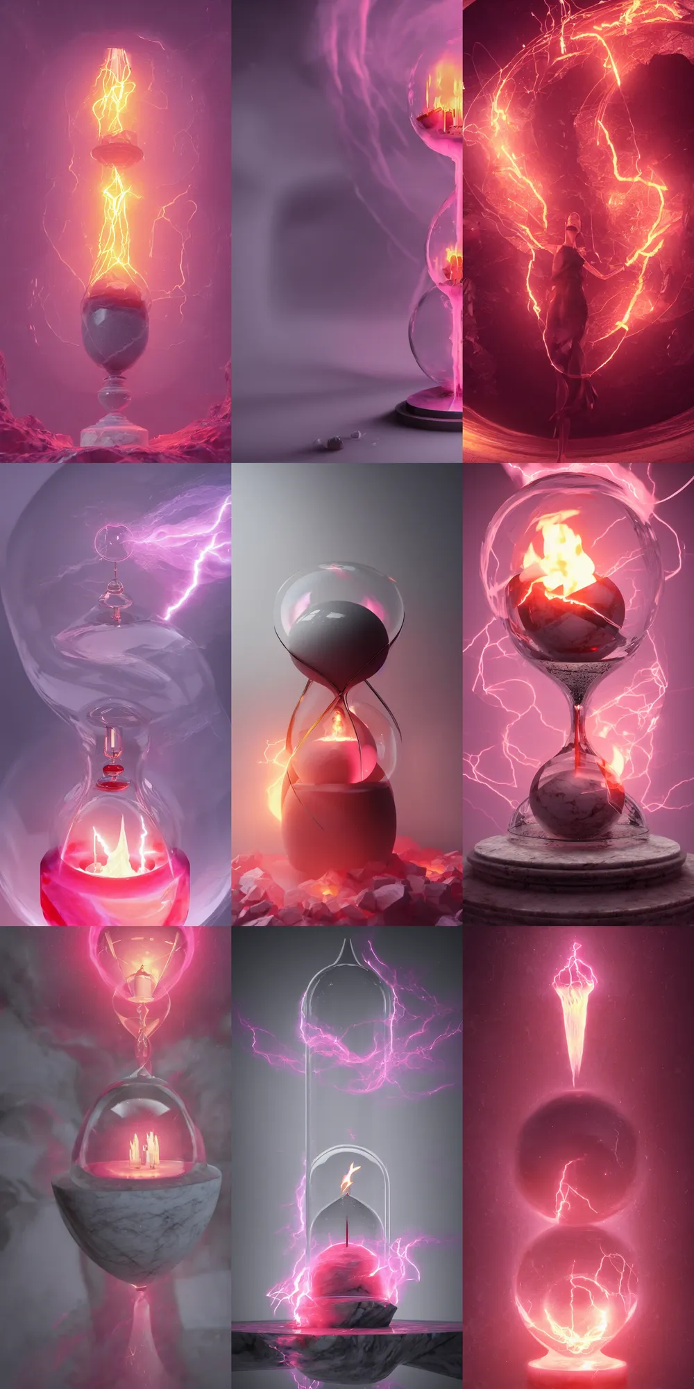 Prompt: pink flame inside a marble, hourglass, lightning, intricate detail, volumetric lighting, epic composition, hyper detailed, ultra realistic, sharp focus, octane render, candle, volumetric, ray tracing, artstation trending, cgsociety, sense of awe, swirling mist, 4 k