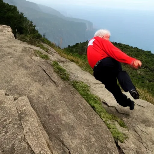 Prompt: the tragic moment of an old man falling off a cliff