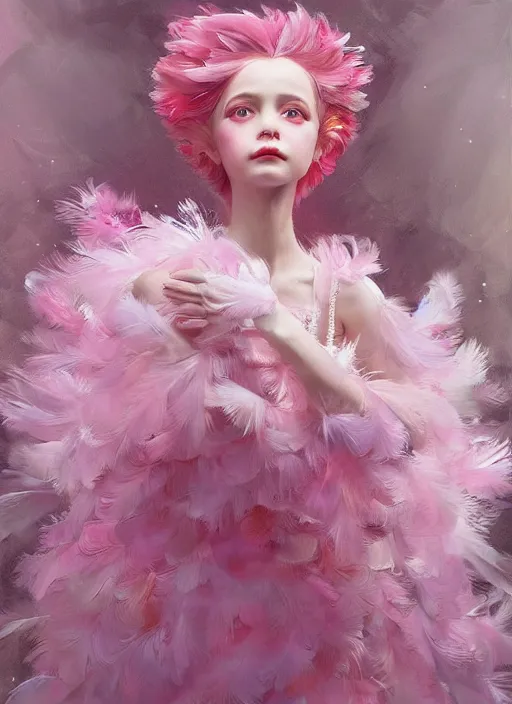 Prompt: beautiful little girl with an pink eccentric haircut wearing an dress made of feathers dancing on stage, artwork made by ilya kuvshinov, inspired in donato giancola, hd, ultra realistic, reflection, flowers, light stage
