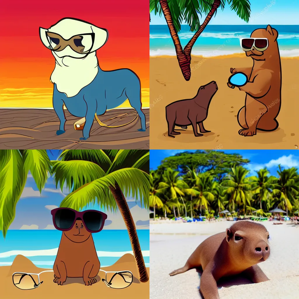 Prompt: capibara wearing sunglasses on the beach, cartoon