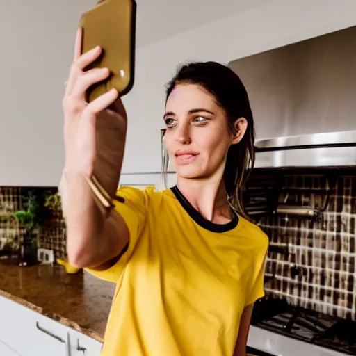 Image similar to a selfie of a brunette female, young, athletic, australian, wearing a gold tshirt in a kitchen