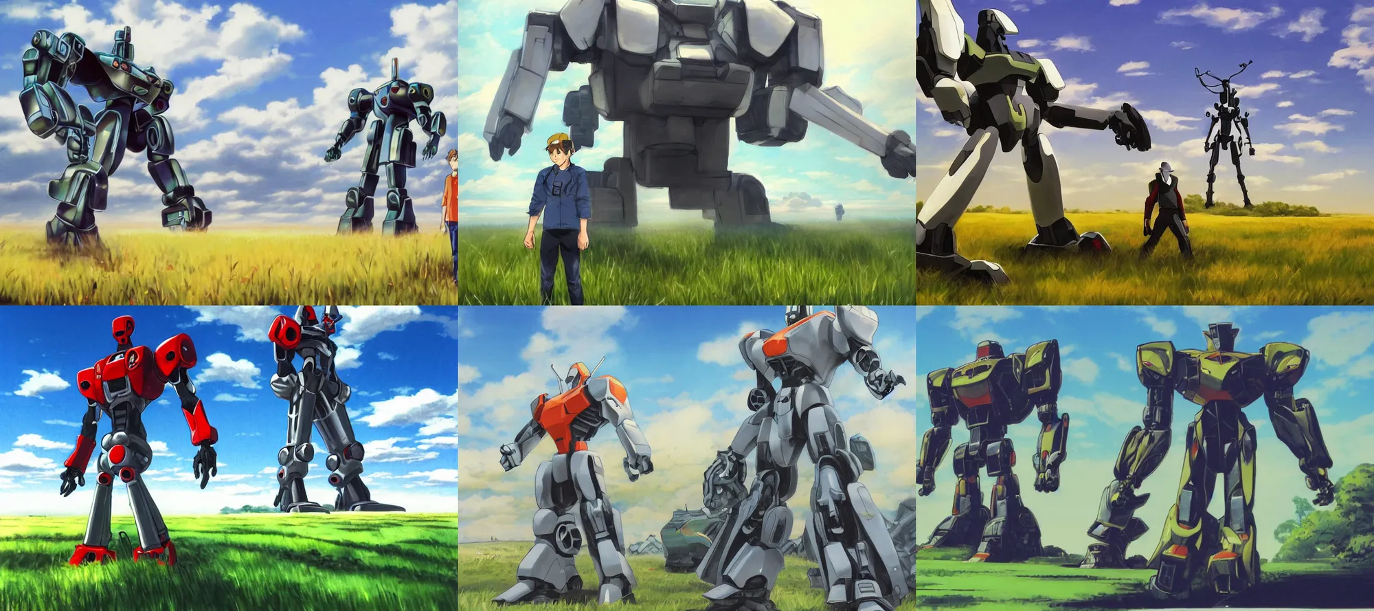 Prompt: a man standing in a field next to a giant robot, concept art by ken sugimori, trending on artstation, sots art, wallpaper, official art, concept art