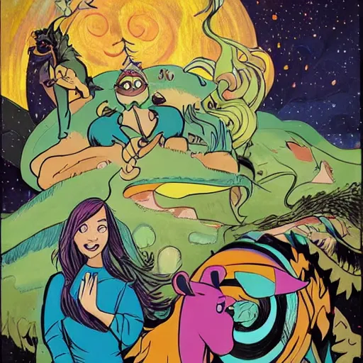 Prompt: hanna barbera by ryan ottley, by luigi loir lush, meticulous. a beautiful art installation of a woman with long flowing hair, wild animals, & a dark, starry night sky.