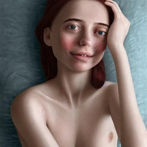 Image similar to portrait of a cute thin young woman, red blush, cute freckles wearing casual clothes, small smile, relaxing on a couch, cozy under a blanket, cozy living room, close up shot, 8 k, art by diego fazio and irakli nadar and ron mueck, hyperrealism, hyperdetailed, ultra realistic