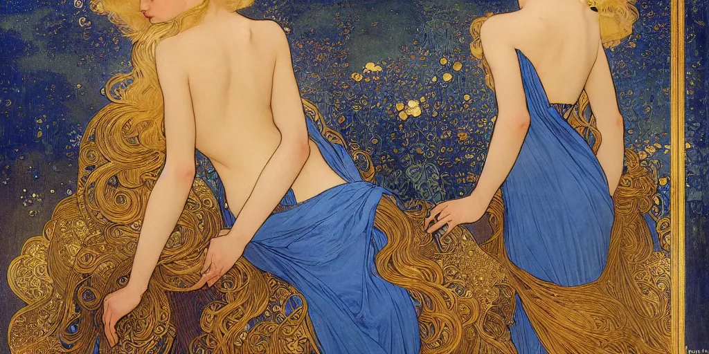 Prompt: a venere blonde princess, play with her long blue dress with gold details, fantasy, clothing, concept art, highly detailed, atmospheric light, oil painting, art by alphonse mucha and klimt