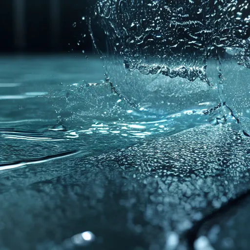 Prompt: Splashing Water Effects, Hyperrealistic Simulation, Refractions and Subsurface Scattering, Octane Renderer, Redshift, Ultra Settings, Photorealistic Rendering, Houdini, Cinematic Lights and Shadows, Depth of Field, Hyperdetailed, 4k