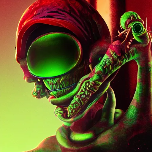 Prompt: alien smoking weed and getting high with, rips bong, raggae art, # 4 2 0, # smokeweedeveryday, rasta, 3 d art, octane render, matte, raytracing, intricate digital painting