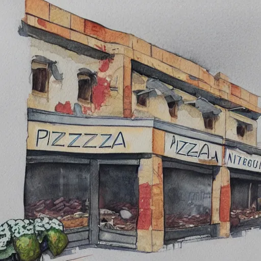 Image similar to watercolour drawing of pizza restaurant crumbling to the ground, beautiful award winning artistic talent, trending on artstation