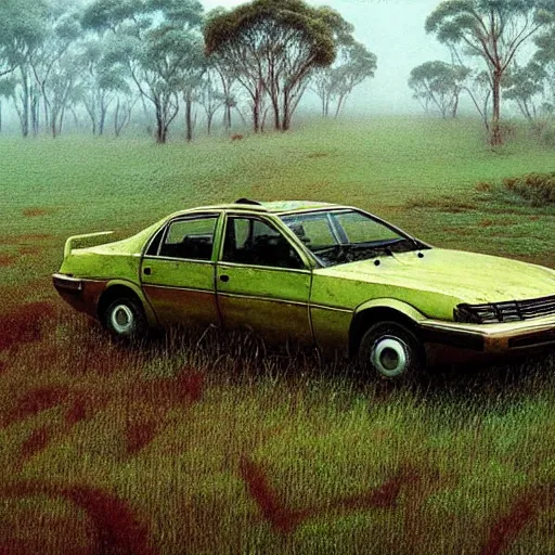 Prompt: hyper realistic painting of an abandoned holden commodore covered with moss, an Australian summer landscape, by Zdzislaw Beksinski