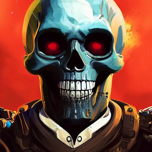 Image similar to a menacing skull face somali space pirate, Apex Legends character digital illustration portrait design, by android jones, detailed, cinematic lighting, wide angle action dynamic portrait