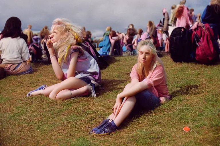 Image similar to candid photo of teenager girls first trip to Glastonbury, UK, Kodak Portra 200,8K,highly detailed: beautiful perspective closeup environmental portrait photo in style of 2000s retrofuturism, cinema lighting , by beksinski, photography fashion edition, tilt shift, highly detailed, focus on man ;blonde hair;blue eyes, clear eyes, soft lighting