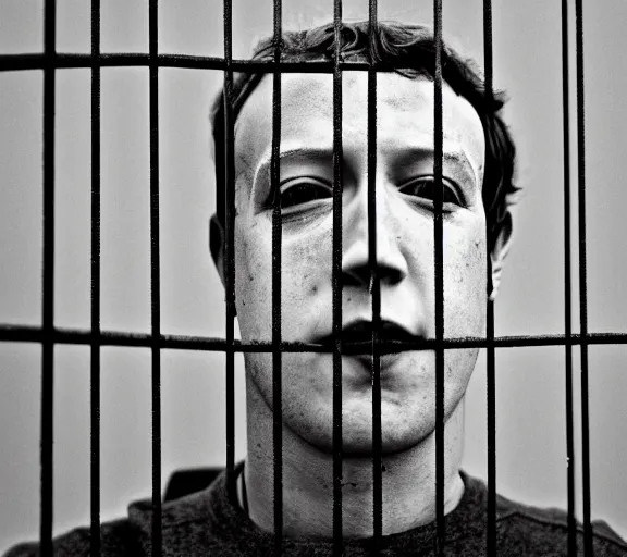 Prompt: Joachim Brohm photo of 'mark zuckerberg as joker laughing behind jail bars', high contrast, high exposure photo, monochrome, DLSR, grainy, close up