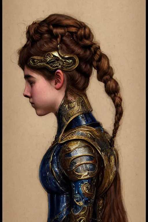 Image similar to a head and torso art nouveau portrait of a 16-year old girl who resembles Saoirse Ronan and Anya Taylor Joy with a worried, intense gaze, ornate intricate golden battle armor, intricate, elegant, highly detailed, digital painting, artstation, concept art, smooth, sharp focus, illustration, art by John William Waterhouse and Bouguereau and Donato Giancola and alphonse mucha