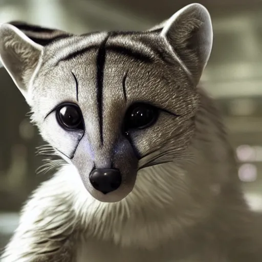 Image similar to A beautiful scene from a 2020 sci-fi film featuring a humanoid genet wearing a white shirt. Detailed, photorealistic special effects.