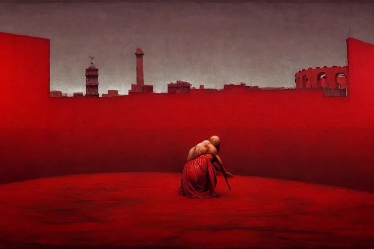 Image similar to only with red, caesar after war, the deal, a red tiger, in hoc signo vinces, rome in background, an ancient path, in the style of beksinski, part by hopper, part by rodcenko, part by hofbauer, intricate composition, red by caravaggio, insanely quality, highly detailed, masterpiece, red light, artstation