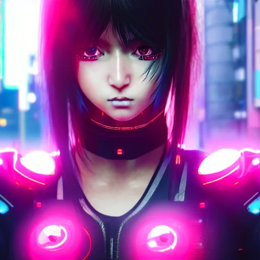 Prompt: An epic comic hyperrealistic portrait anime cg of a cyber warrrior girl wearing futuristic wardrobe, black and reddis, ultradetailed face expression trending on artstation and artbreeder, cyberpunk 2077 color, heavy rainning at tokyo street night, neon ligh, DAZ, 8k, unreal 5 engine render, cosplay, RPG portrait, final fantasy Vll world concept, dramatic lighting, rim lights, PS5 render quality