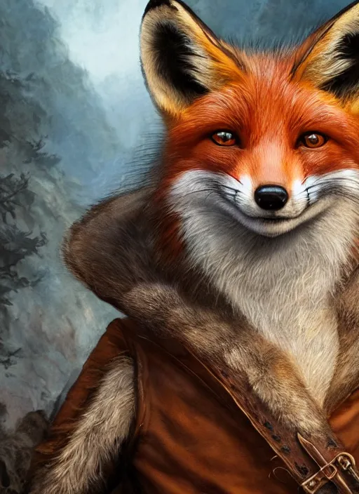 Image similar to portrait of a fox - faced ranger, dnd, gwelf, highly detailed, perfect lighting, perfect composition, 8 k, by artgerm, brian froud, larry macdougall, jean - baptiste monge, cgi