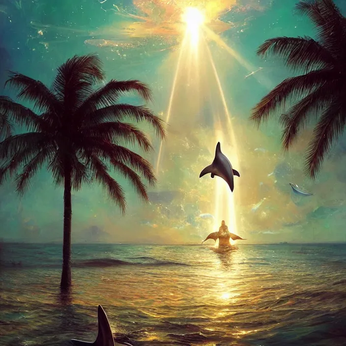 Image similar to dolphins swimming, golden hour, god rays, by artgerm and ruan jia and ismail inceoglu and greg olsen, palm trees, cosmos, milky way galaxy, masterpiece, beautiful, intricate, elegant, highly detailed