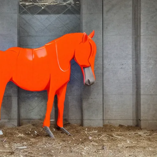 Prompt: horse using orange inmate clothes, in a jail
