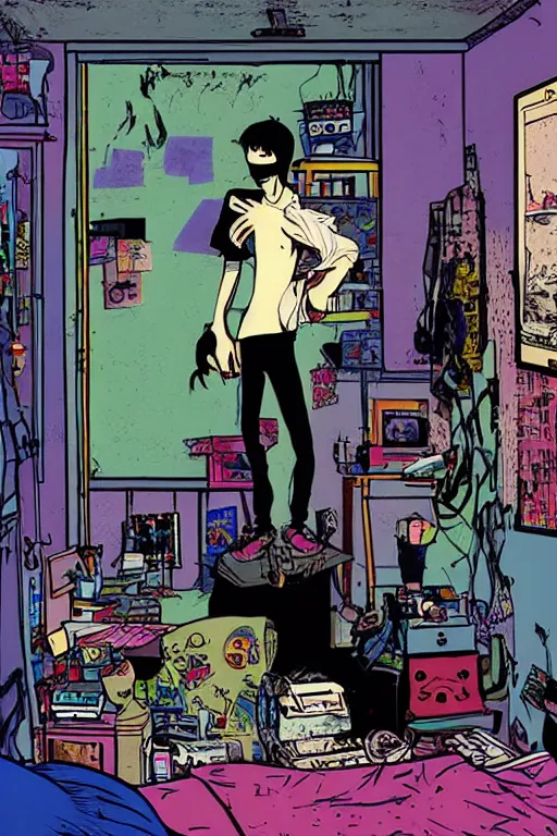 Prompt: a skinny goth guy standing in a cluttered 9 0 s bedroom by jamie hewlett, jamie hewlett art, full body character concept art, vaporwave colors,