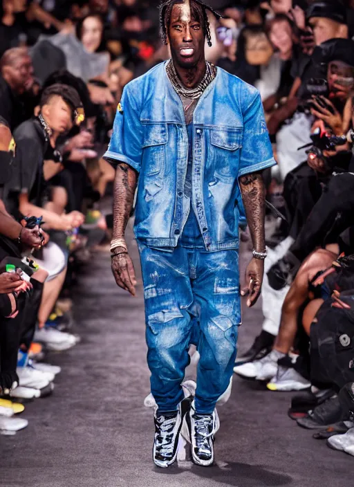 Image similar to hyperrealistic and heavy detailed nike runway show of travis scott, leica sl 2 5 0 mm, vivid color, high quality, high textured, real life