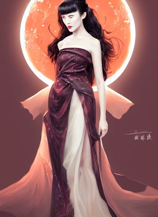 Image similar to beautiful chinese fashion goddness like fanbingbing, strapless dress, character portrait in the style of thomas river and artgerm, wlop, cinematic lighting, hyperdetailed, 8 k realistic, symmetrical, global illumination, radiant light, halo, love and mercy, frostbite 3 engine, cryengine, dof, trending on artstation, digital art, chanel