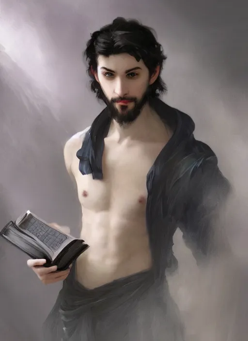 Image similar to character concept portrait of an attractive young seductive Spanish wizard with pale grey skin enchanting a seduction spell, a floating iridescent spell book in the center, intricate, elegant, digital painting, concept art, smooth, sharp focus, illustration, from Metal Gear, by Ruan Jia and Mandy Jurgens and William-Adolphe Bouguereau, Artgerm