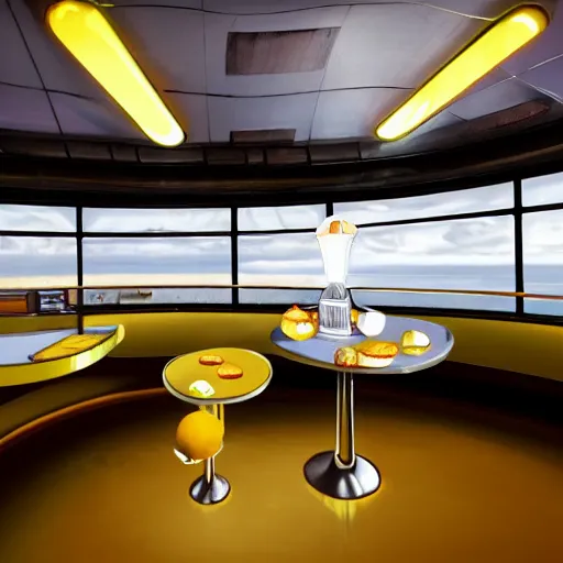 Prompt: A lemon is made of topaz and sitting on a table in a futuristic diner.