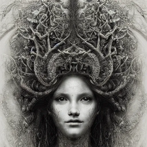 Prompt: perfectly centered portrait, beautiful fractal mushroom goddess, female, flowing hair, intense stare, sweet smile, symmetrical, concept art, intricate detail, volumetric shadows and lighting, realistic oil painting by gustave dore,