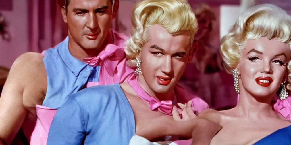 Prompt: Still of Marilyn Monroe as Barbie and Rock Hudson as Ken in the Barbie movie from 1963 set in the big house on Malibu, cinematic in technicolor