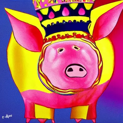 Image similar to pig wearing a simple gold crown in the style of peter max