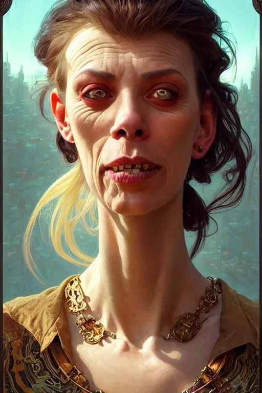 Image similar to portrait of the ugliest woman in the world, looking at camera, intricate, elegant, stylish, fantasy, extremely detailed, digital painting, artstation, concept art, smooth, sharp focus, illustration, stunning lighting, art by artgerm and greg rutkowski and alphonse mucha and simon stalenhag