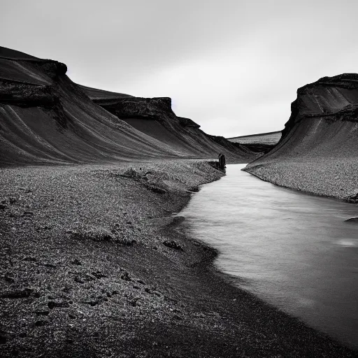 Prompt: minimalist black and white photograph, of an icelandic canyon, time exposure, of a river, in the style of denis villeneuve