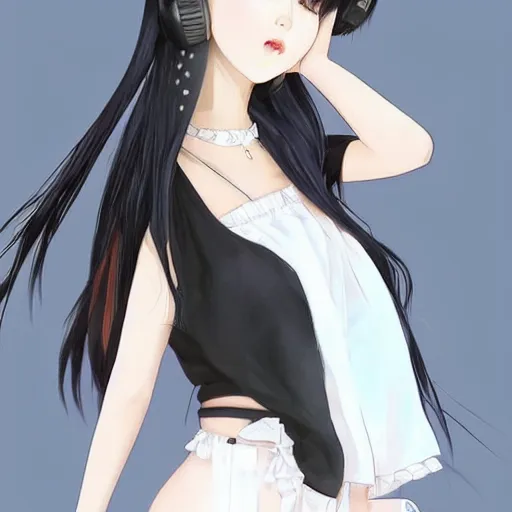 Image similar to realistic beautiful gorgeous natural cute Blackpink Lalisa Manoban black hair fur black cat ears, wearing white camisole summer outfit, headphones, black leather choker artwork drawn full HD 4K highest quality in artstyle by professional artists WLOP, Aztodio, Taejune Kim, Guweiz on Pixiv Instagram Artstation