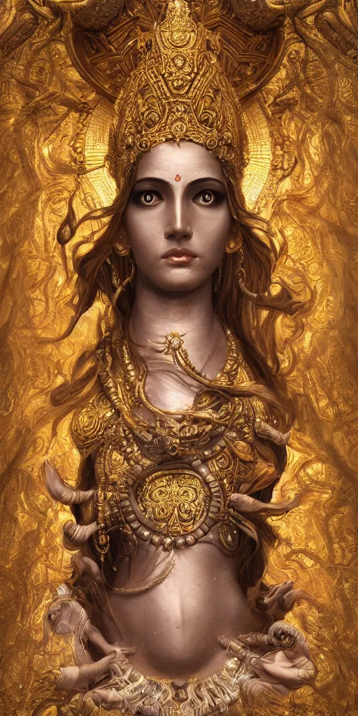 Image similar to goddess of bengal, 3 d model, very coherent symmetrical artwork, unreal engine realistic render, 8 k, micro detail, gold and steel intricate, elegant, highly detailed, digital painting, artstation, smooth, sharp focus, illustration, artgerm, tomasz alen kopera, wlop