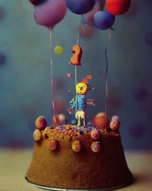 Prompt: photo of a childrens birthday cake designed by beksinski, bokeh