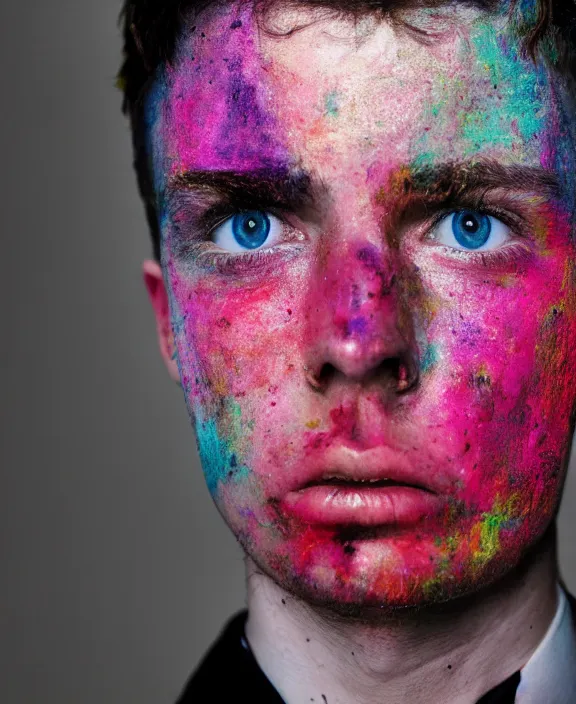 Image similar to portrait of a young gentleman with color smeared in his face, digital photography, fashion magazine, close - up, detailed
