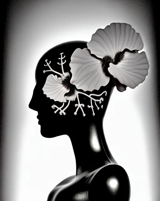 Image similar to black and white dreamy foggy profile face portrait, one steampunk eye biomechanical beautiful young female cyclope - cyborg - robot bust, body ribs meshes,, volumetric light, hibiscus flowers, by hg giger, rim light, by dora maar and cecile beaton, big gothic fashion pearl embroidered collar, 8 k