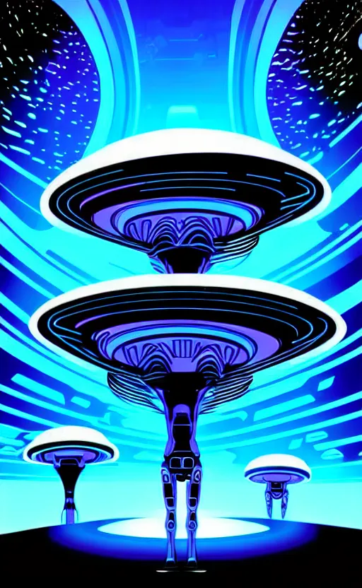 Prompt: trippy space alien mushrooms planet from the movie tron, wide angle shot, white background, vector art, illustration by frank frazetta