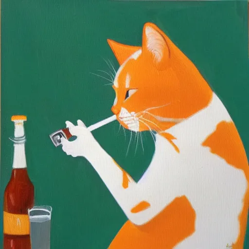 Prompt: oilpainting canvas of a sad orange white tabby cat drinking beer and smoking a cigarette at a bar, overthinking his mistakes he made in life