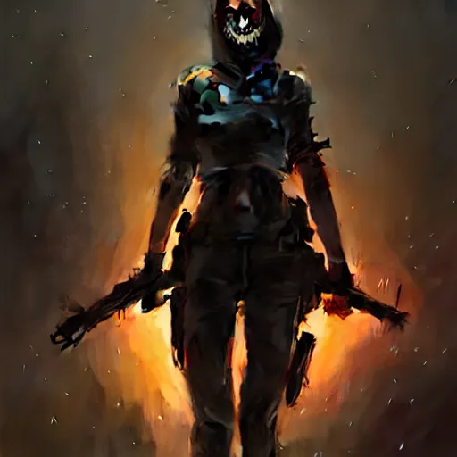 Image similar to only the dead have seen the end of war, artwork by artgerm, danger lurking in the night, fear of death, rendered in pov - ray, style of greg rutkowski and jackson pollock