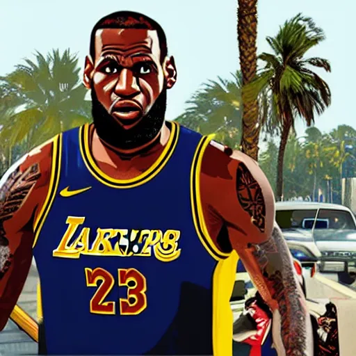 Image similar to lebron james in gta v cover art, sharp details, sharp focus