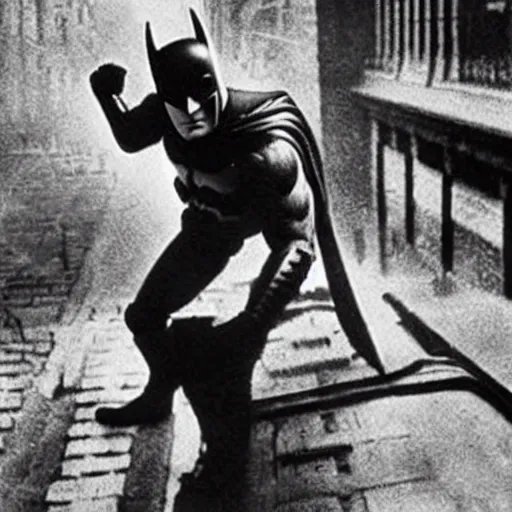 Image similar to a close - up old black and white photo, 1 9 1 3, depicting batman fighting a bad guy in an ally of new york city, rule of thirds, historical record