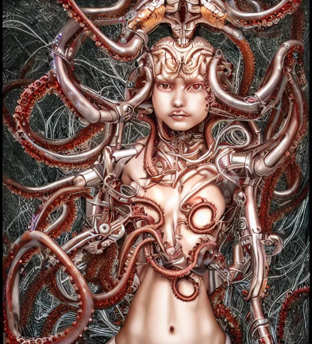 Prompt: photo 3 d rendering of a beautiful girl deity cyborg demon angel with tentacles epic photorealistic portrait in ito junji miura kentaro frank miller alex ross escher giger sorayama buddhist biopunk cosmic horror style depth of field lens flare leica zeiss detailed trending award winning on pixiv skeb