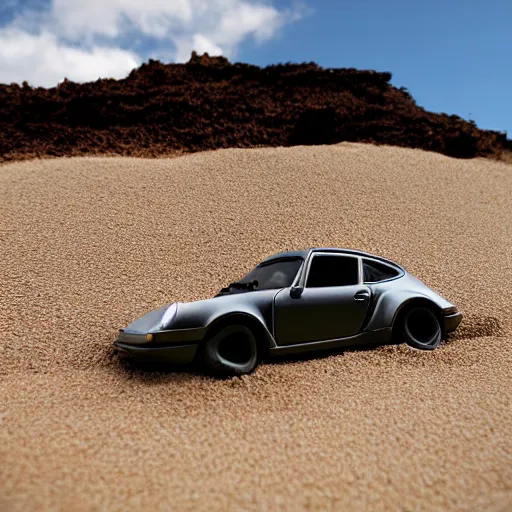 Prompt: sand sculpture of a porsche 9 1 1 on a hawaii beach photography iphone