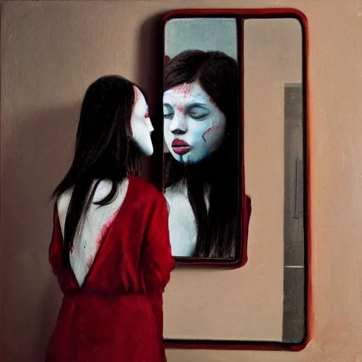 Prompt: faceless girl bleeding into a mirror, photorealistic, hyperdetailed,