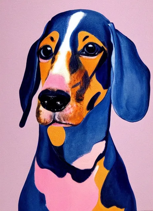 Image similar to Pink and Blue dachshund, painted by Georgia O'Keeffe, very detailed, with folds, 8k