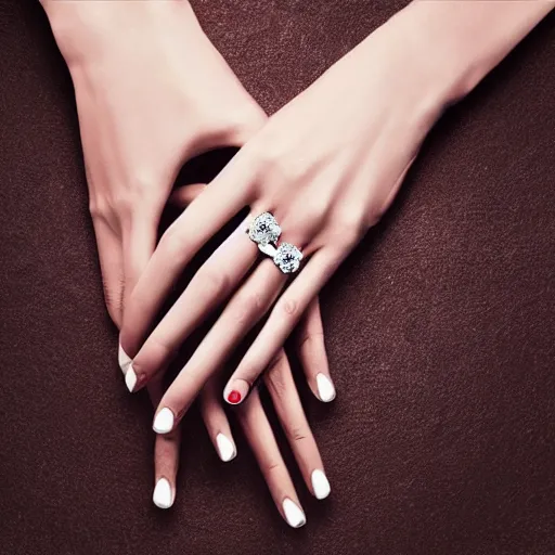 Prompt: foto elegant woman only one arm with five finger, engagement ring ads, photorealistic