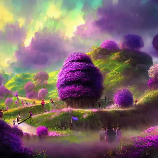 Image similar to landscape of an alice and wonderland themed landscape, purple clouds look the sky, dynamic lighting, fantasy concept art, trending on art station, stunning visuals, creative, cinematic, ultra detailed