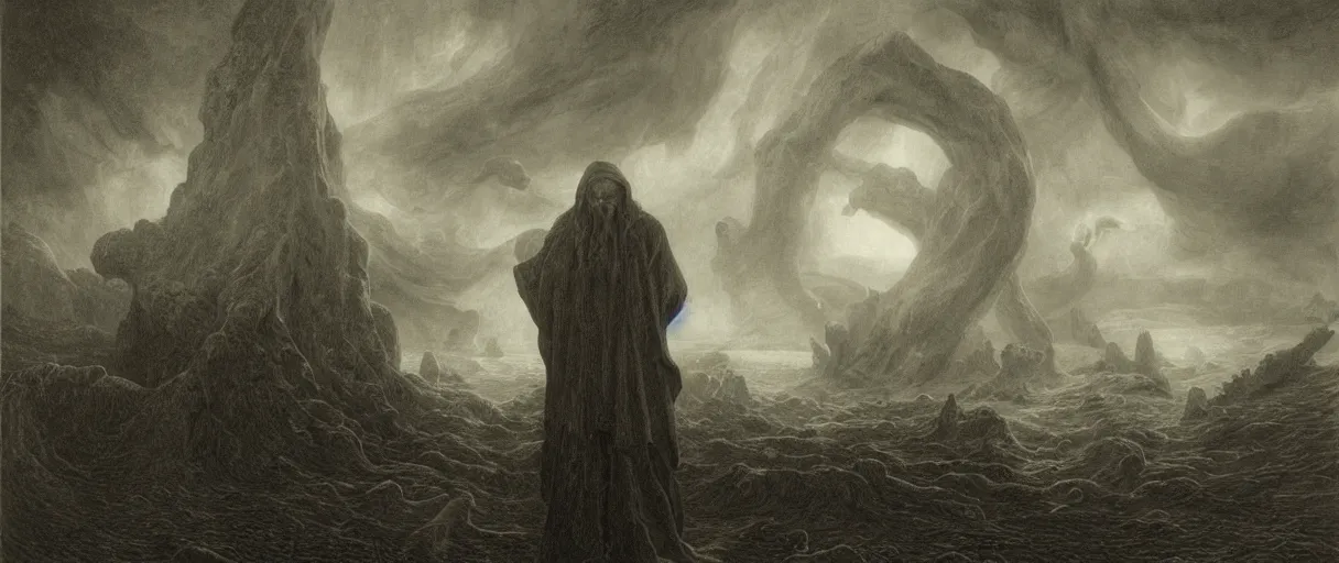 Image similar to an engraving portrait of cthulhu, caspar david friedrich, foggy, depth, strong shadows, stormclouds, illuminated focal point, highly detailed